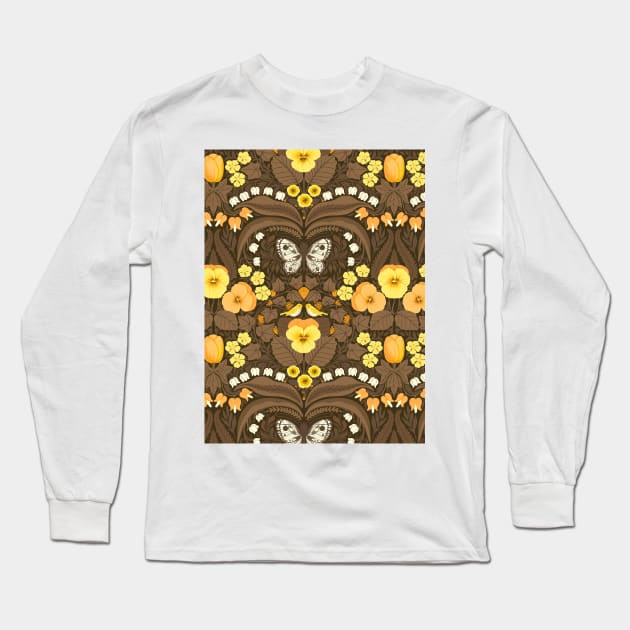 Dollhouse garden, pansies, birds and butterflies Long Sleeve T-Shirt by katerinamk